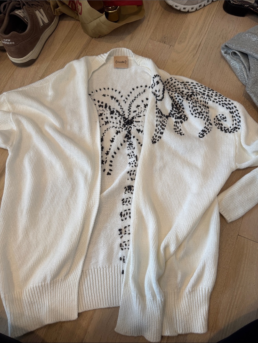 NUDE White Open-Front Cardigan with Black Palm Design